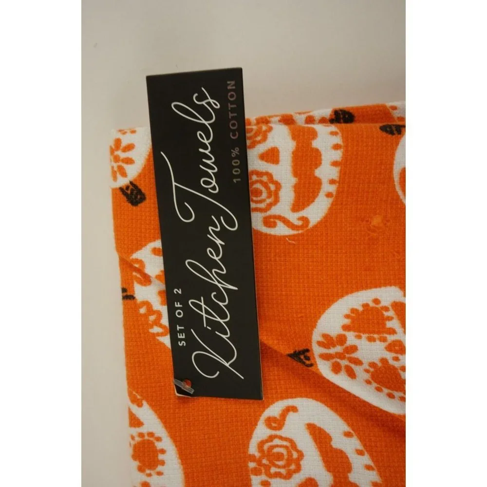 New Set of Two Pumpkin Print Fall Halloween Kitchen Towels Orange Cotton‎ Terry